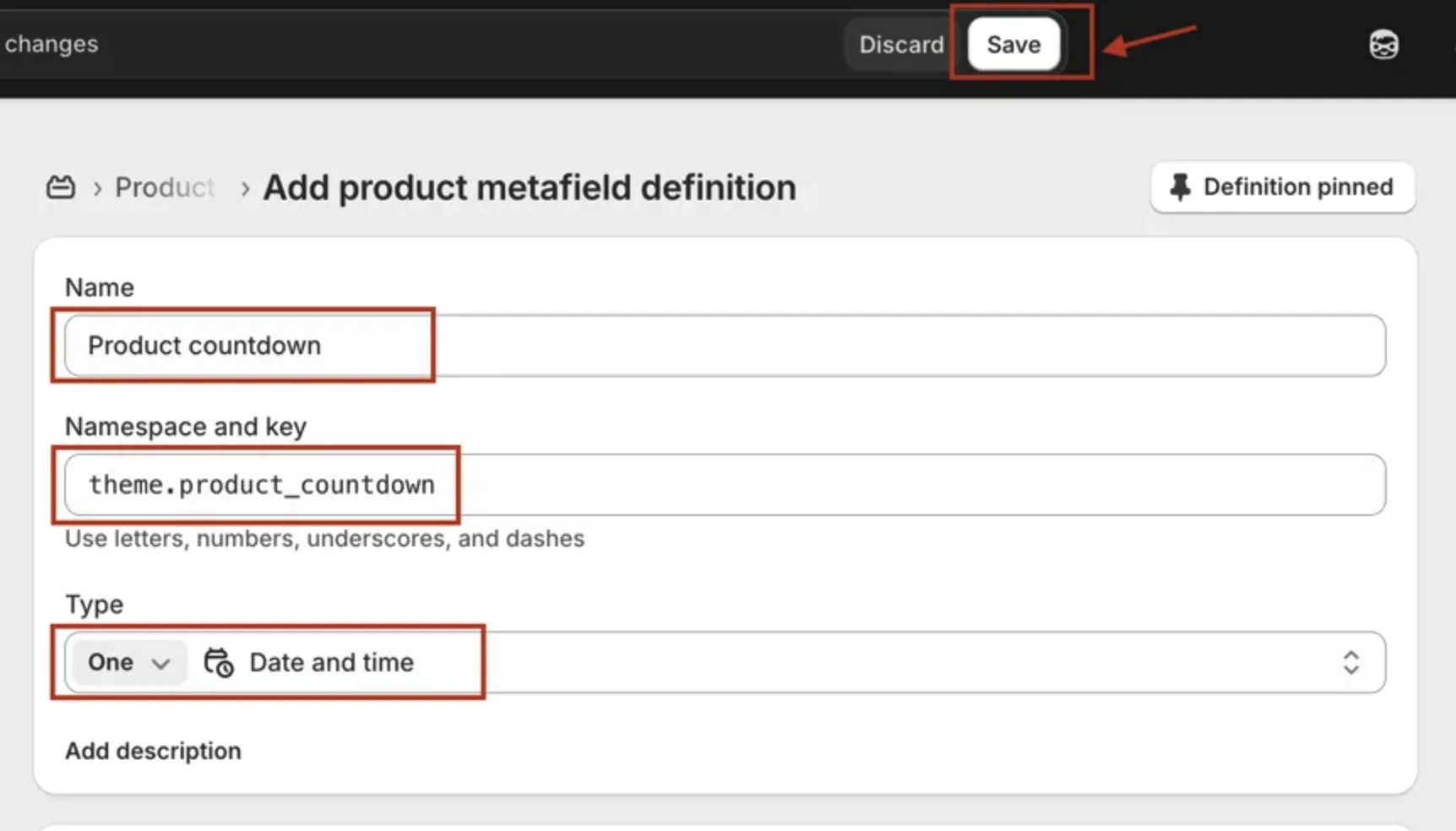 Product metafield definition for Product countdown