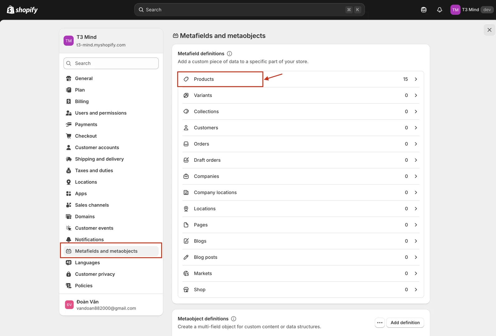 Metafields and metaobjects settings, Products selected