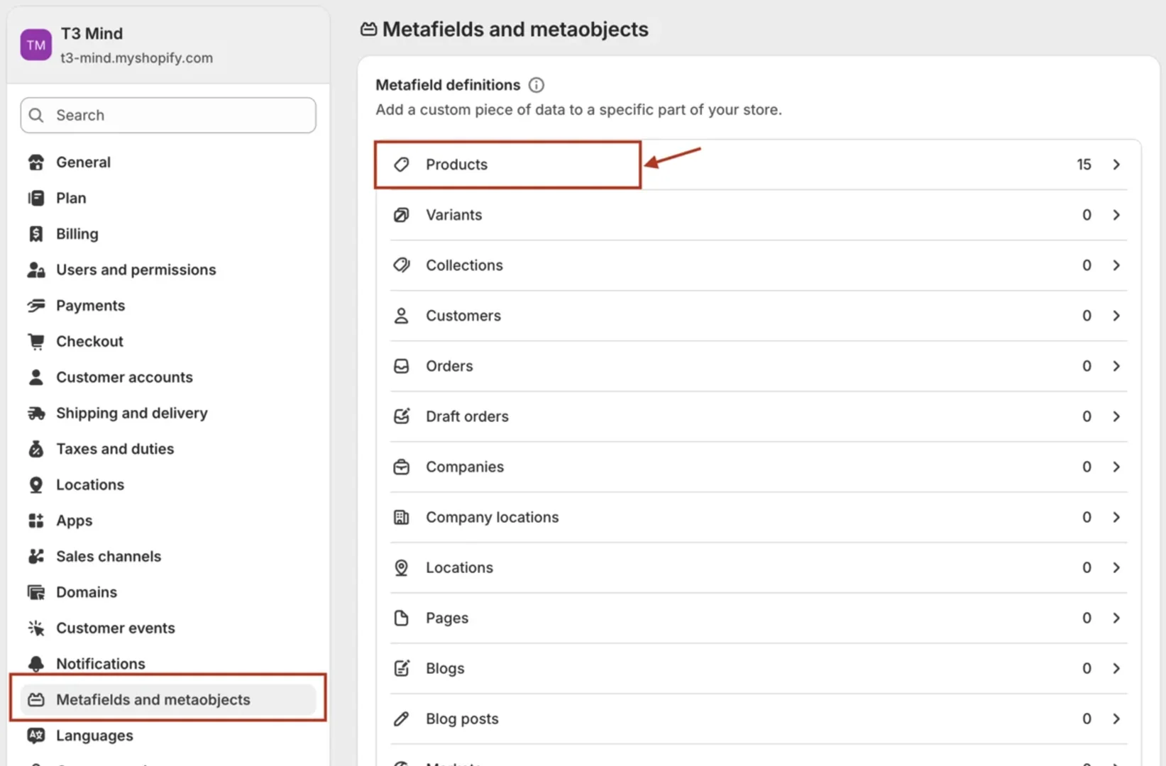 Metafields and metaobjects settings, Products selected