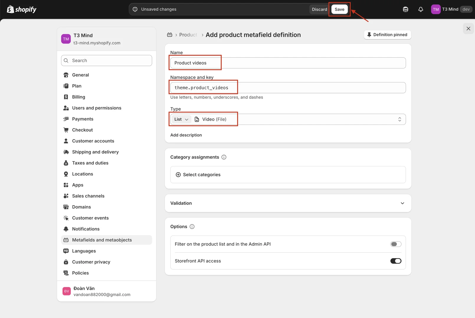 Product metafield definition for Product videos