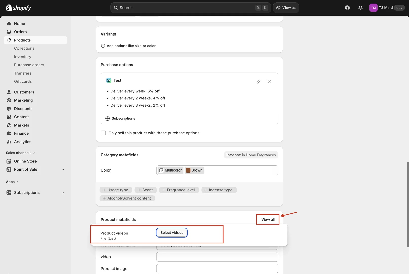 Product videos field in the product's metafields
